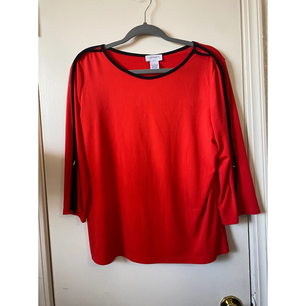 Carmen‎ Marc Valvo Red Top Women's Medium 3/4 Sleeve Black Trim